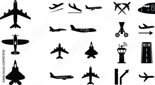 Airplane and Aviation Silhouette Icon Set with Commercial Jets Fighter Planes Control Tower and Runway Symbols for Travel and Transport Designs