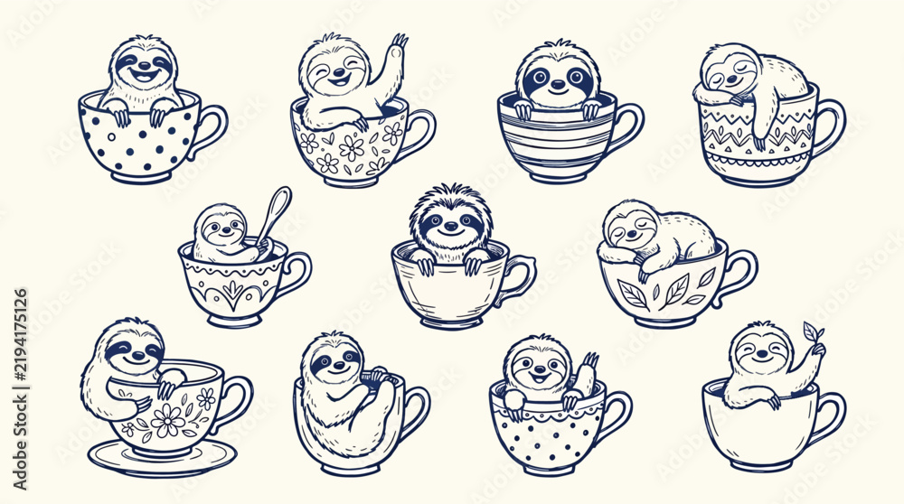 Obraz premium Charming collection of hand drawn sleepy sloths relaxing inside various decorative porcelain teacups showcasing playful poses and serene expressions for creative craft projects and textile