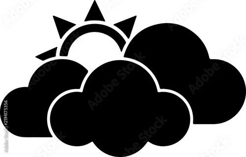 A minimalist black and white vector icon representing partly cloudy weather conditions with a bright sun peeking out from behind fluffy cumulus clouds, perfect for meteorological apps and web design