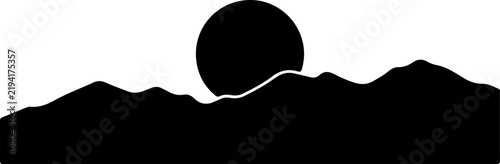 Minimalist black and white vector illustration featuring a bold silhouette of a large sun setting behind a jagged mountain range landscape design element for creative graphic projects and nature art