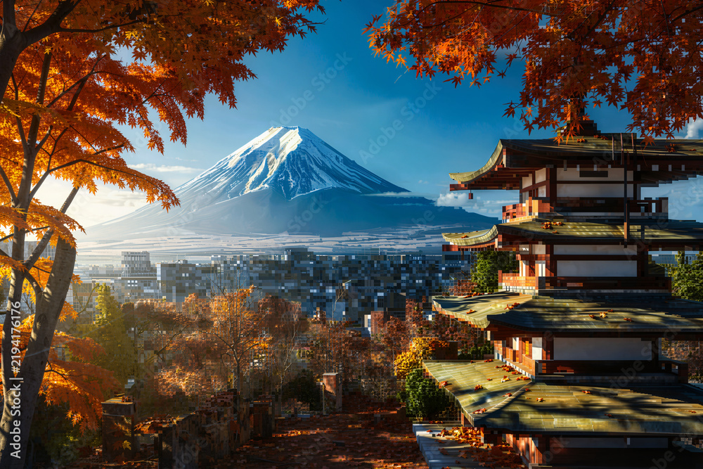 Obraz premium The framed by vibrant autumn leaves, Mount Fuji dominates the background, overlooking a sprawling modern city and traditional Japanese architecture.