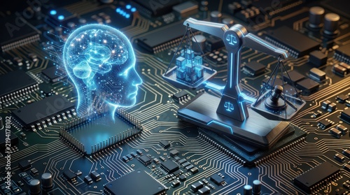 Artificial Intelligence Ethics and Law Concept Featuring Glowing Digital Brain Hologram and Scales of Justice on Advanced Circuit Board Background