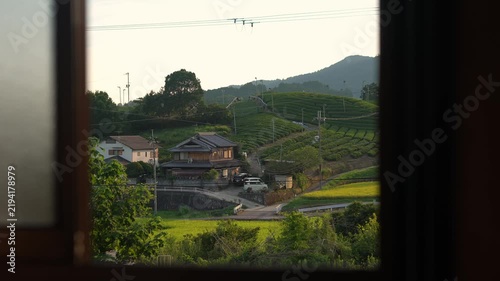 Warm Evening Japanese Countryside View of Tea Fields from Indoor Window in Foreground 