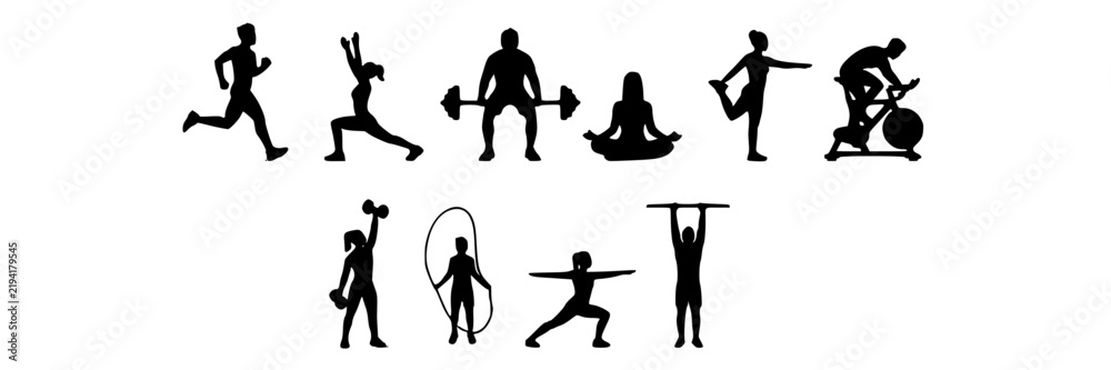 Obraz premium Fitness Exercise Silhouettes Set, Depicting Various Workout Activities. Health and Wellness Icons