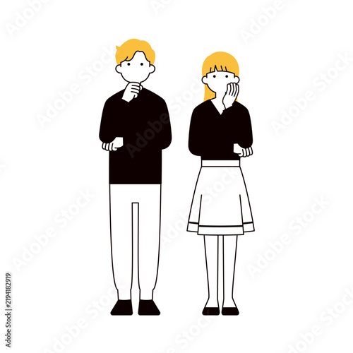 Naklejka 考える・困る・悩むポーズの若い男女のシンプルな全身ベクターイラスト素材セット＿シルエット