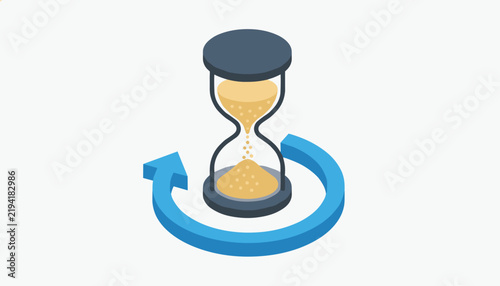 Modern isometric hourglass with sand falling through the glass timer and a blue circular arrow representing time and process.