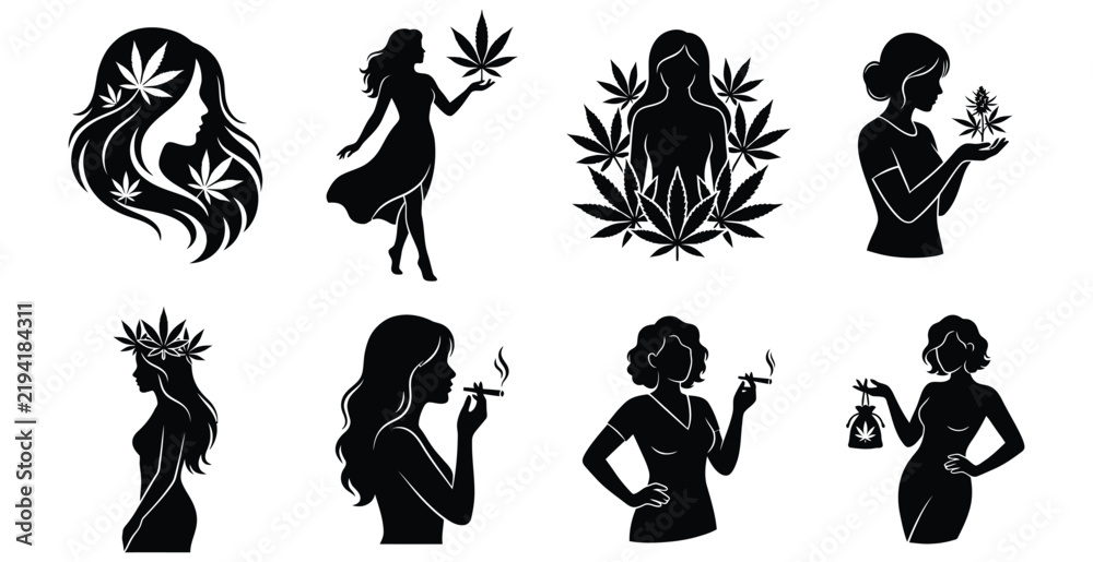 Fototapeta premium Cannabis Women Silhouette Vector Set, Marijuana Girls Smoking Joints and Holding Cannabis Leaves, Buds and Weed Bags in Black Isolated Silhouette Illustration