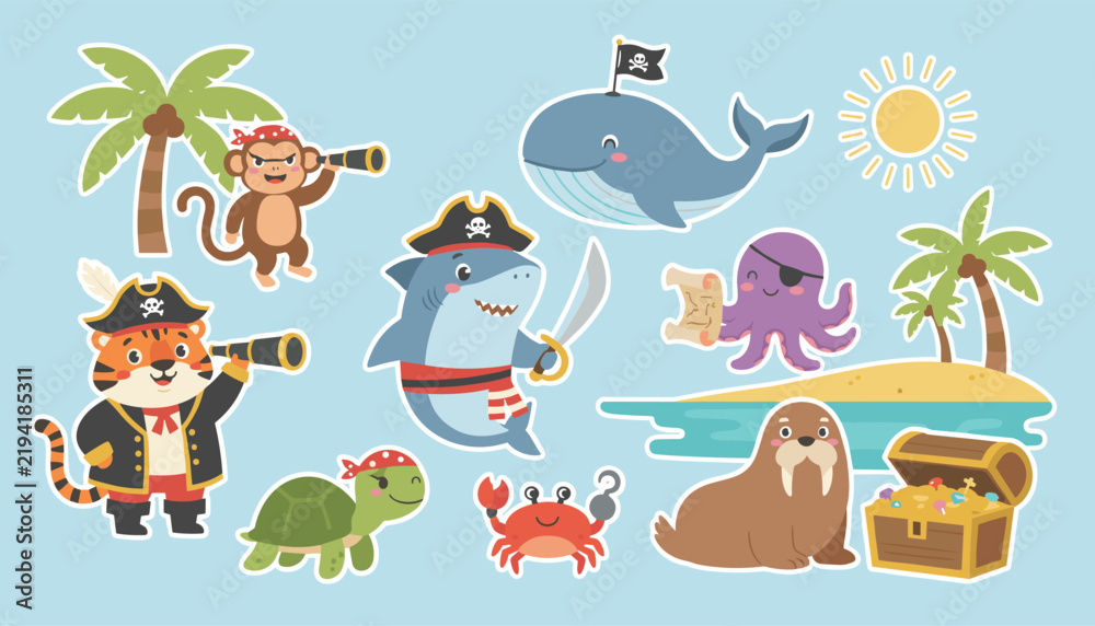 Obraz premium Collection of cute pirate animal stickers featuring a shark, monkey, tiger, octopus, whale, and a treasure chest on an island.