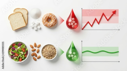 Blood sugar level response comparison between unhealthy high glycemic processed carbohydrates and healthy low glycemic whole foods nutrition diet