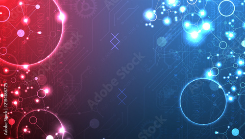 Abstract futuristic technology background with glowing molecular network, binary code and lens flare effect
