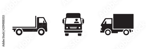 Truck icons featuring side and front view cargo vehicles with driver for commercial shipping logistics.