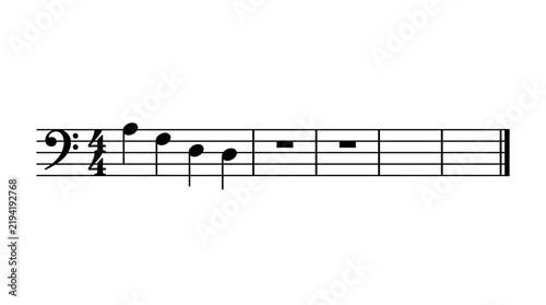 Simple bass-clef sheet music in 2/4 time with an ascending melody on the bass staff