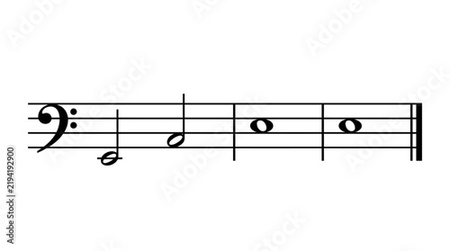 Cuadro en lienzo Bass clef on a five-line staff with a short sequence of notes illustrating basic