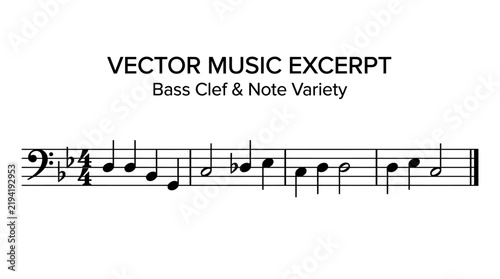 Vector music excerpt with bass clef and note variety on sheet music staff for education, design and composition projects