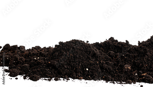 Fresh pile of fertile dark potting soil isolated on white background
