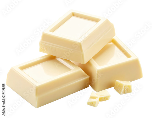 Stack of White Chocolate Squares with Chocolate Shards Isolated on White Background