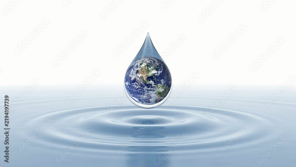 Fototapeta premium Single water drop containing world map falling into calm blue liquid for global environmental awareness.