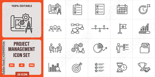 Project management icon set, vector illustration of business planning, strategy, team collaboration, and task tracking symbols for professional design