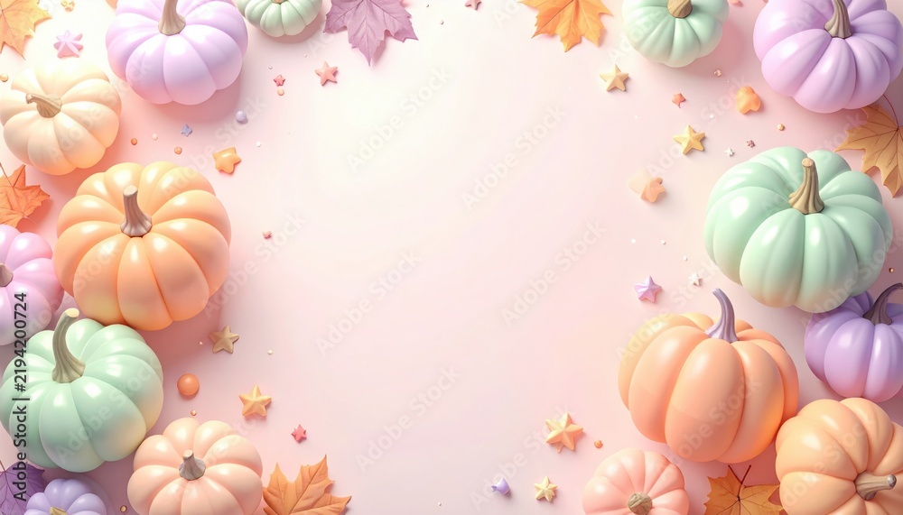 Obraz premium Adorable cute pastel pumpkin background soft lavender pink pastel gourds arch border halloween copy space stock illustration
