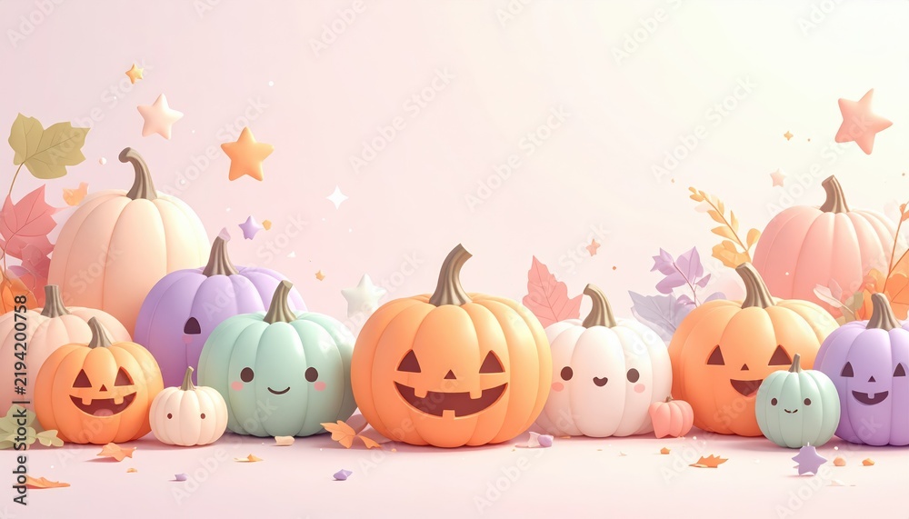 Fototapeta premium Cute pastel pumpkin background soft pink orange pumpkins line border halloween party invitation template copy space stock illustration