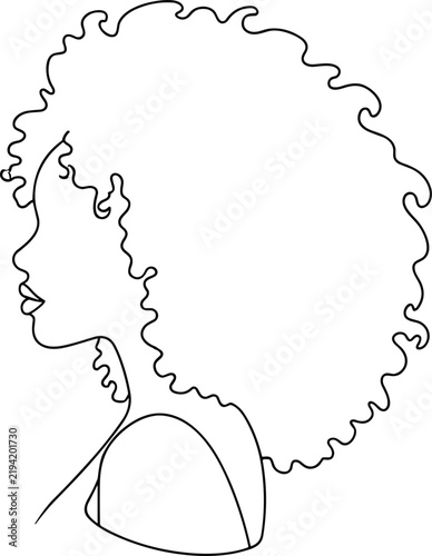 Beautiful african american woman with curly afro hair profile view outline drawing for beauty coloring pages