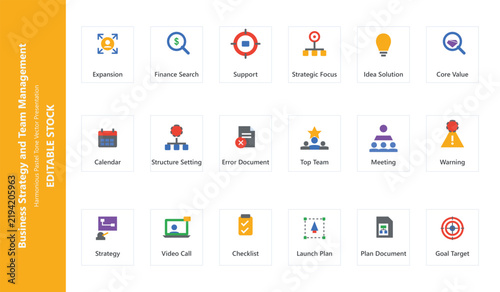 Business strategy and team management icon set – editable color vector symbols of goal, planning, team, leadership, checklist and presentation