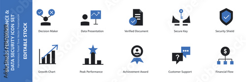 Business performance and data security icon set – editable color vector symbols of analytics, decision making, award, verified document, privacy, and chart