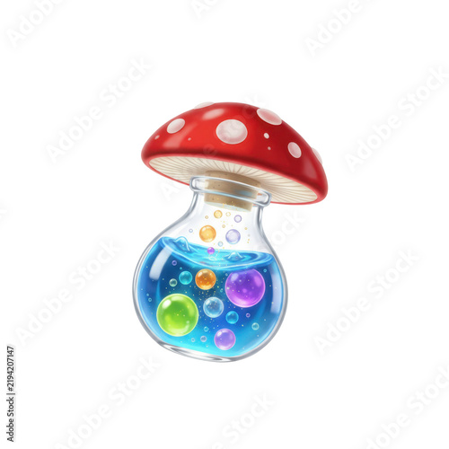 Mushroom Shaped Bottle with Colorful Potion and Bubbles