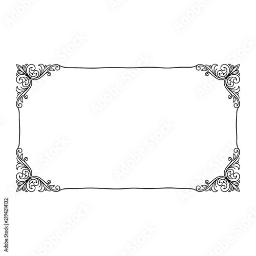 Elegant ornate rectangle frame with decorative flourishes. Vector line art. Isolated on a white background