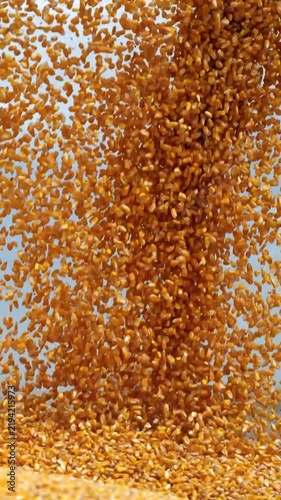Extreme close-up high shutter speed shot of yellow corn kernels pouring toward and past the camera during harvest, with individual grains frozen against cloudy sky. Corn harvesting.