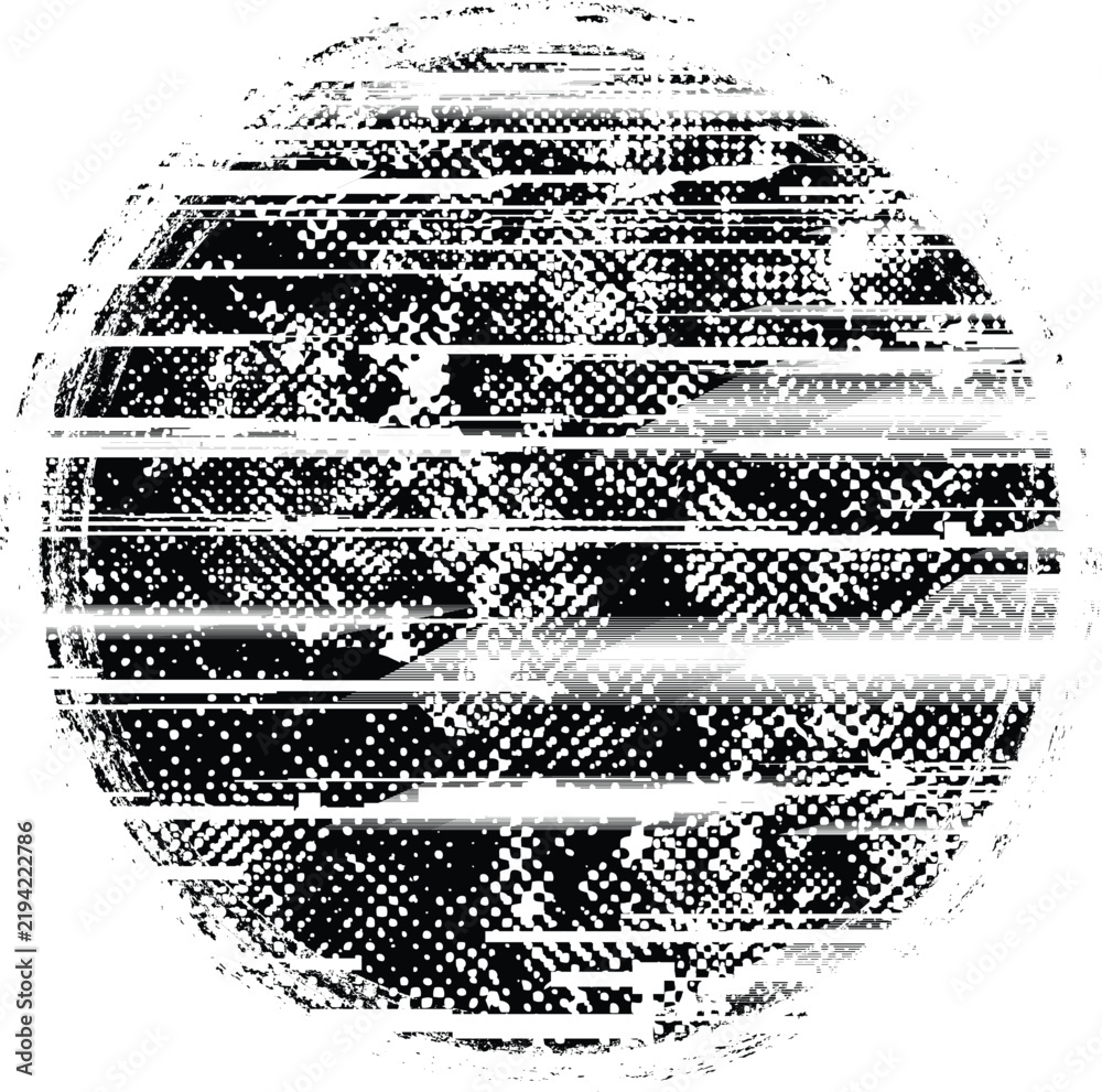 Obraz premium Glitch distorted grunge layer circle . Noise destroyed texture . Trendy defect error shapes . Overlay grunge texture . Distressed effect .Vector shapes with a halftone dots screen print texture.
