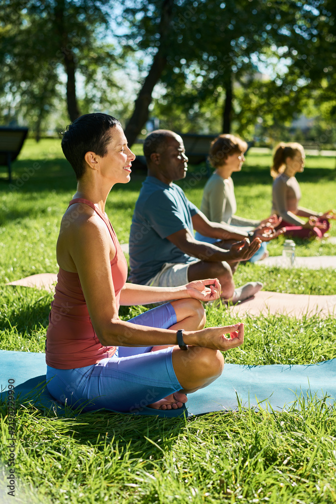 Obraz premium Vertical shot of multiethnic diverse group with middle aged Caucasian woman and African American man practicing yoga meditation outdoors, perfect for mindfulness mental health campaign