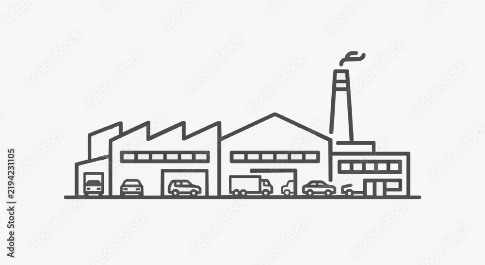 Fototapeta premium Industrial Car Manufacturing Plant with Assembly Line and Chimney