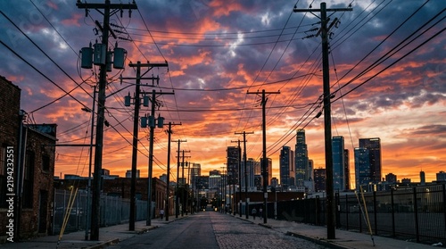 Urban Sunset Over City Skyline with Power Lines