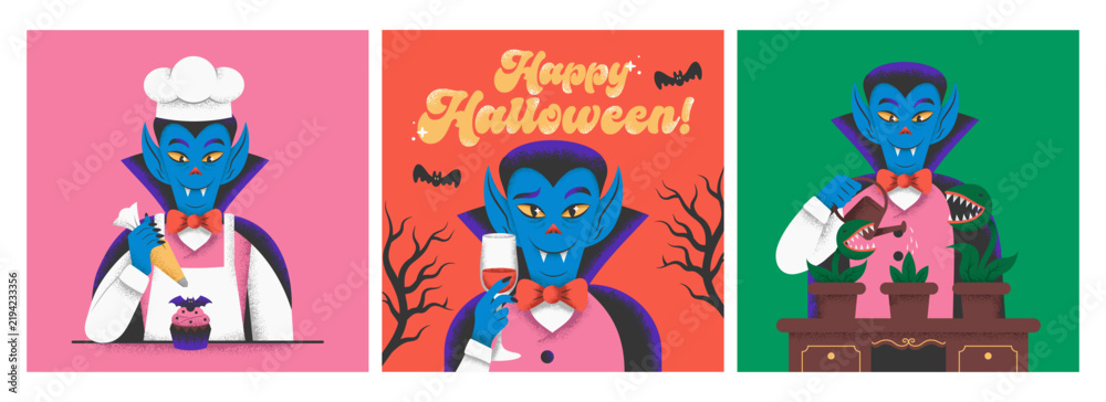 Fototapeta premium Cartoon Vampire with Cape and Bats Stock Vector. Set of Dracula images in a retro textured style