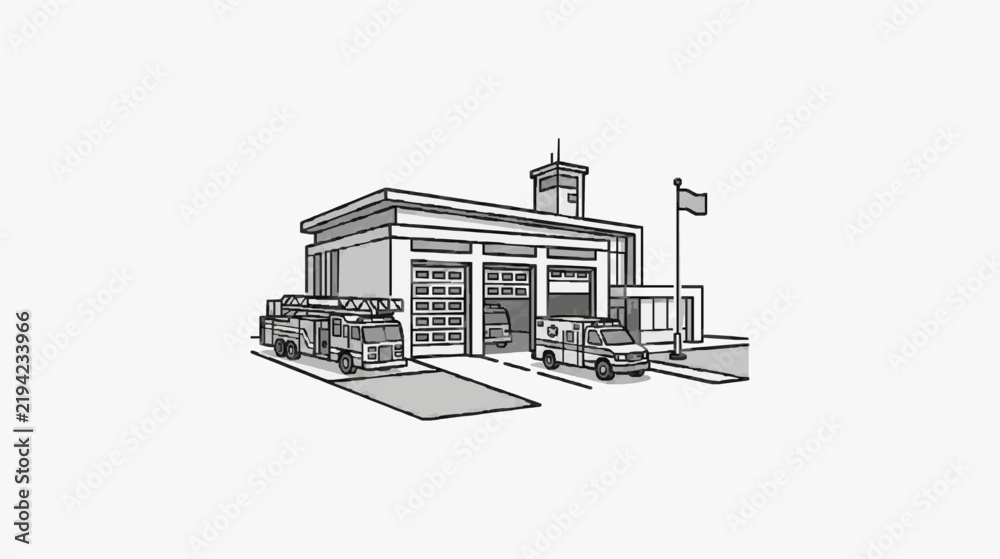 Obraz premium Fire Station Sketch with Emergency Vehicles and Ambulance Outside