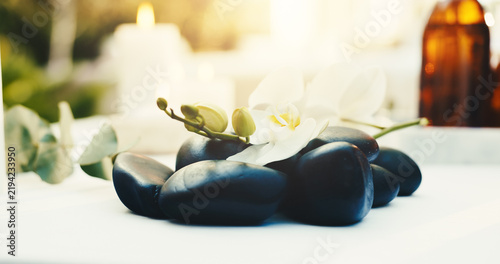 Wall Mural Spa, empty and flower with hot stones at resort for aromatherapy, beauty treatment and wellness