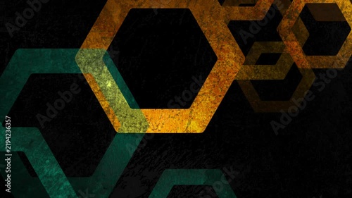 Dark cyan blue and orange hexagons abstract geometric grunge background. Motion design. Seamless loop. Video animation Ultra HD 4K 3840x2160