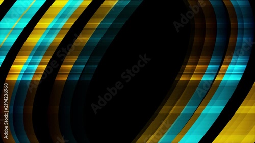 Black orange and blue flowing tech curves with layered stripes and luminous gradient. Dynamic abstract background with sleek digital depth. Seamless loop. Video animation Ultra HD 4K 3840x2160