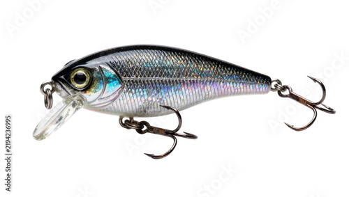 Fotografía Realistic silver fish fishing lure with treble hooks, isolated on transparent ba