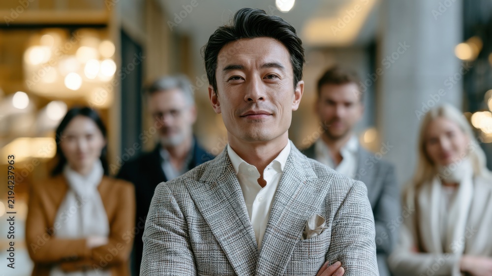 Fototapeta premium A confident Asian businessman stands at the forefront with his arms crossed, leading a diverse team in the background. The subtle office lighting highlights his determined expression.