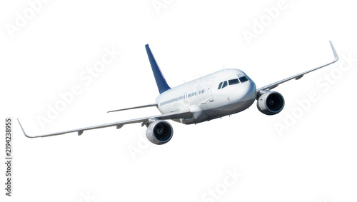 Fotografía Modern white passenger jet airplane with blue tail fins, isolated on transparent