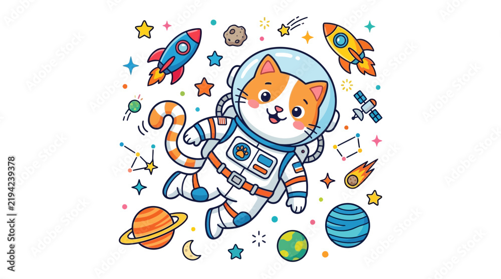 Fototapeta premium Cute Cartoon Cat Astronaut Floating in Outer Space with Rockets, Planets, and Stars, Kawaii Vector Illustration