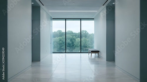 Minimalist Hospital Lobby with Large Picture Window Overlooking Trees Empty Modern Medical Clinic Corridor Waiting Area Interior