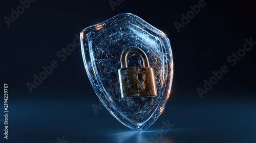 Digital Shield with Lock Symbolizing Data Protection and Cybersecurity in Modern Technology Concept