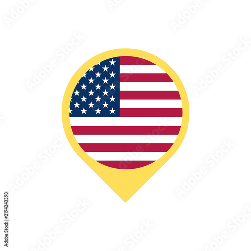 Yellow Map Pointer Featuring a Graphical Representation of the National Flag of the United States Isolated on a Clean White Background
