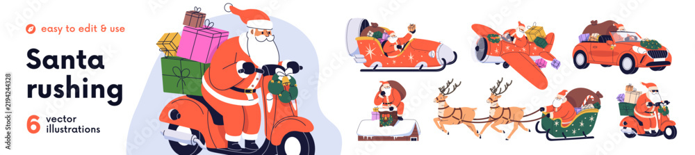 Obraz premium Santa with gifts, on sleigh with reindeer, Christmas vector set. Santa with bag and gifts in chimney, on winter holiday sleigh, Xmas motorbike, car. Flat vector illustrations isolated on white
