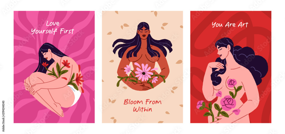 Fototapeta premium Set of postcards with women and menstruation. Design of cards with naked girls and blooming flowers. Menstrual period and self care. Self love and female health. Menstruation and menstrual cycle