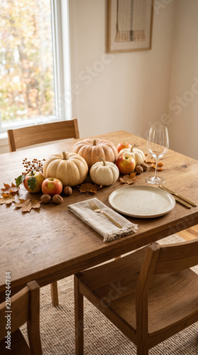 Elegant autumn table setting with white pumpkins, red apples, and fall foliage on a wooden dining table