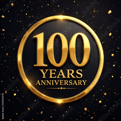Golden centennial anniversary badge with celebratory confetti sparkles design